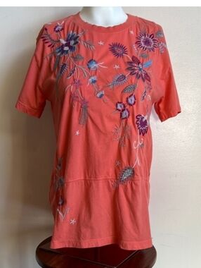 Johnny Was Coral Embroidered Floral Short Sleeve Top